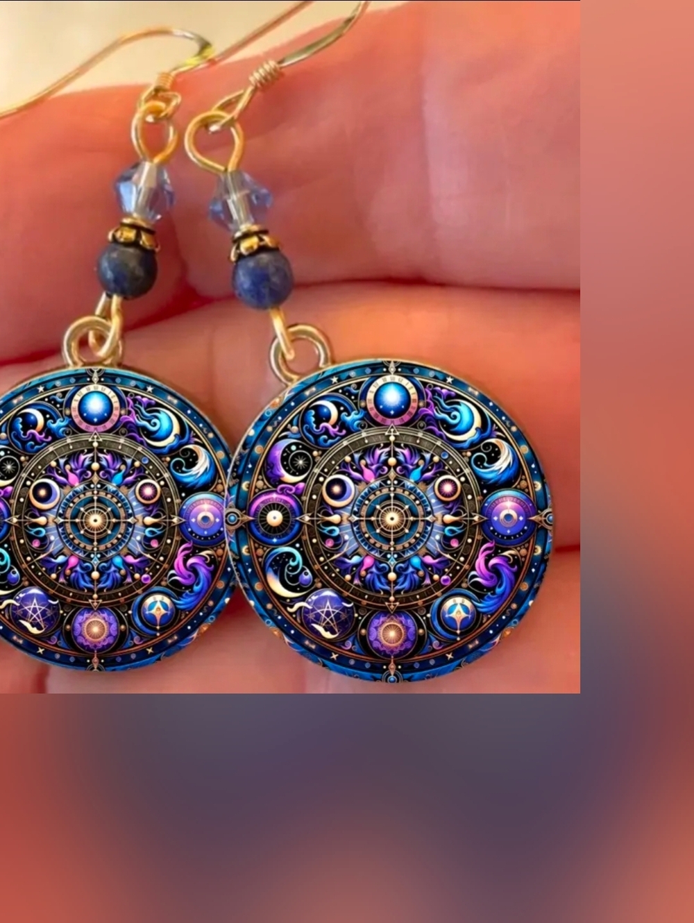 ASTROLOGY PHASES OF THE MOON Drop Earrings. Purple And Blue. - Picture 3 of 7
